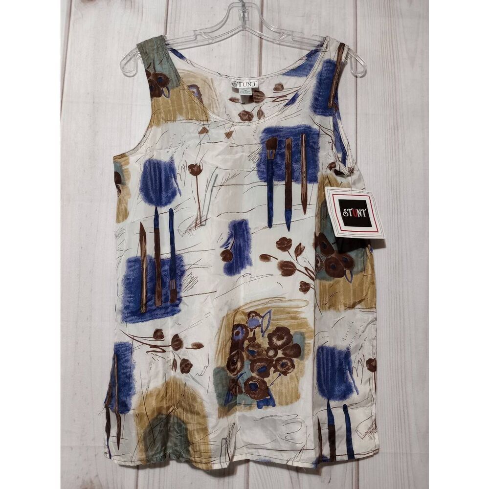 STUNT Women's Silk Sleeveless Tank Top Abstract Print Washable Size S